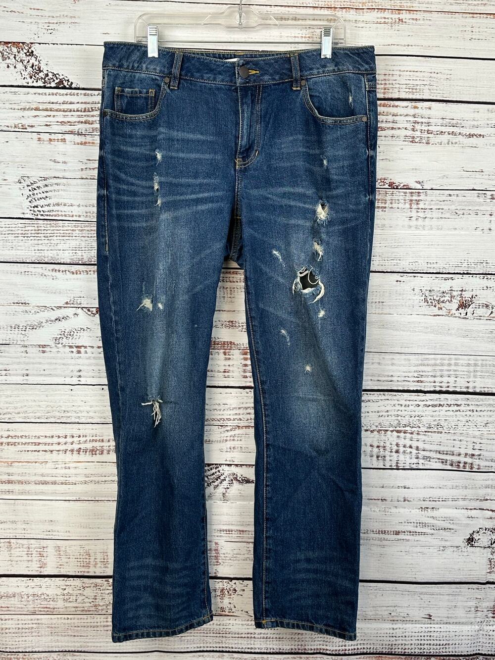 Women's CABI Dark Wash Denim Jeans Distressed 100% Boyfriend Casual Cotton Sz 10
